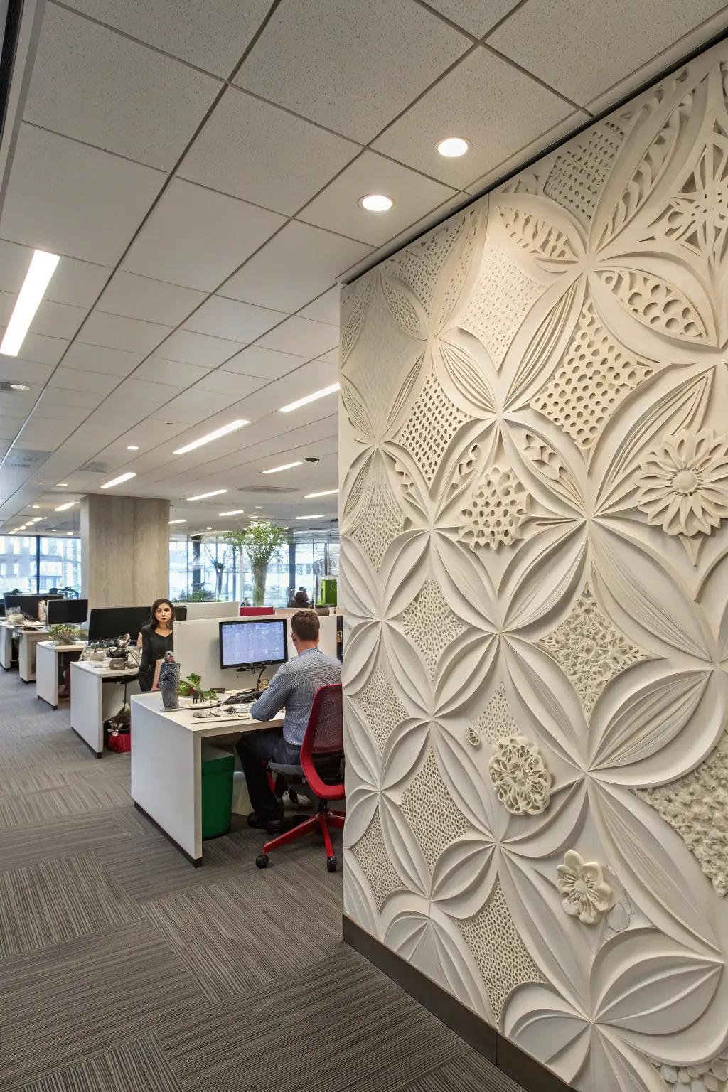 An office featuring three-dimensional sculptural boards.