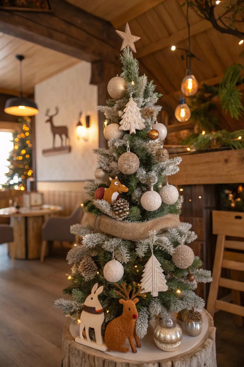 A fanciful woodland-themed Christmas tree featuring enchanting forest elements.