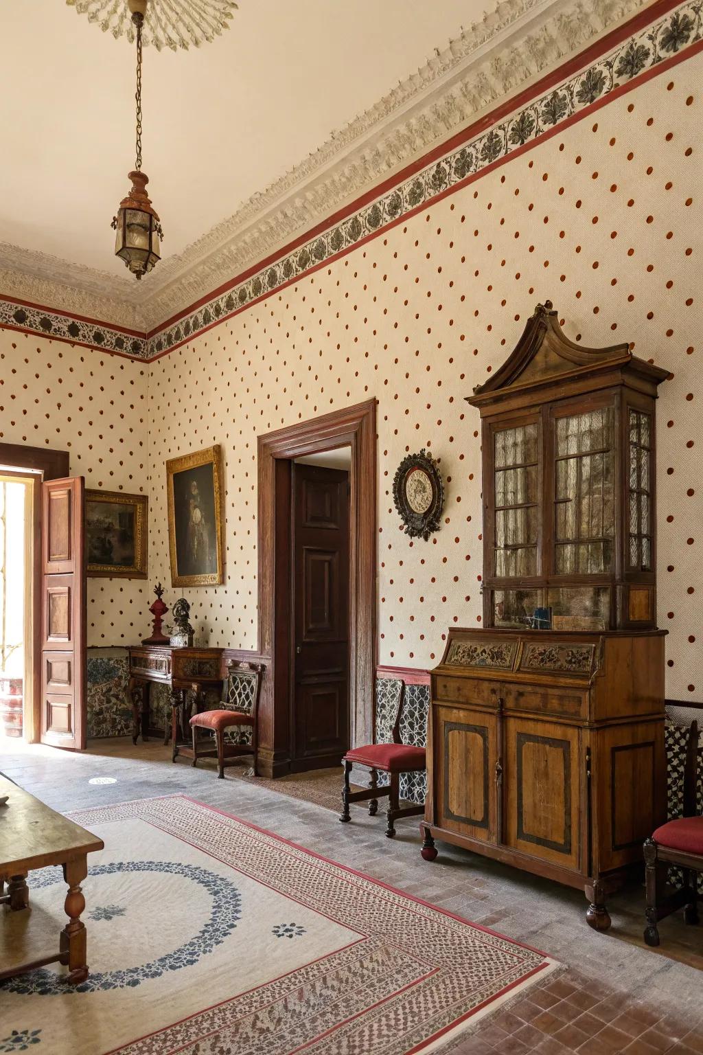 Spotting techniques adding texture and historical flair to a room.