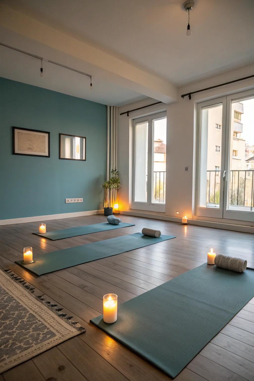 An area for yoga supports mindfulness and balance.