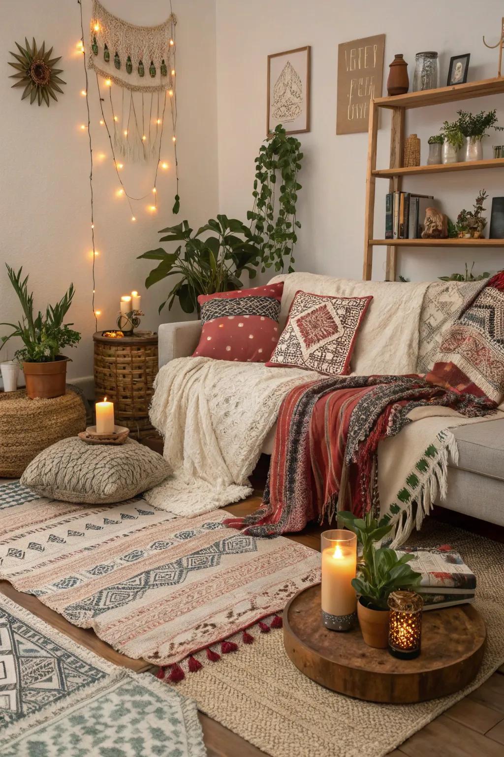 Boho accents bring a whimsical and inviting atmosphere to this living space.