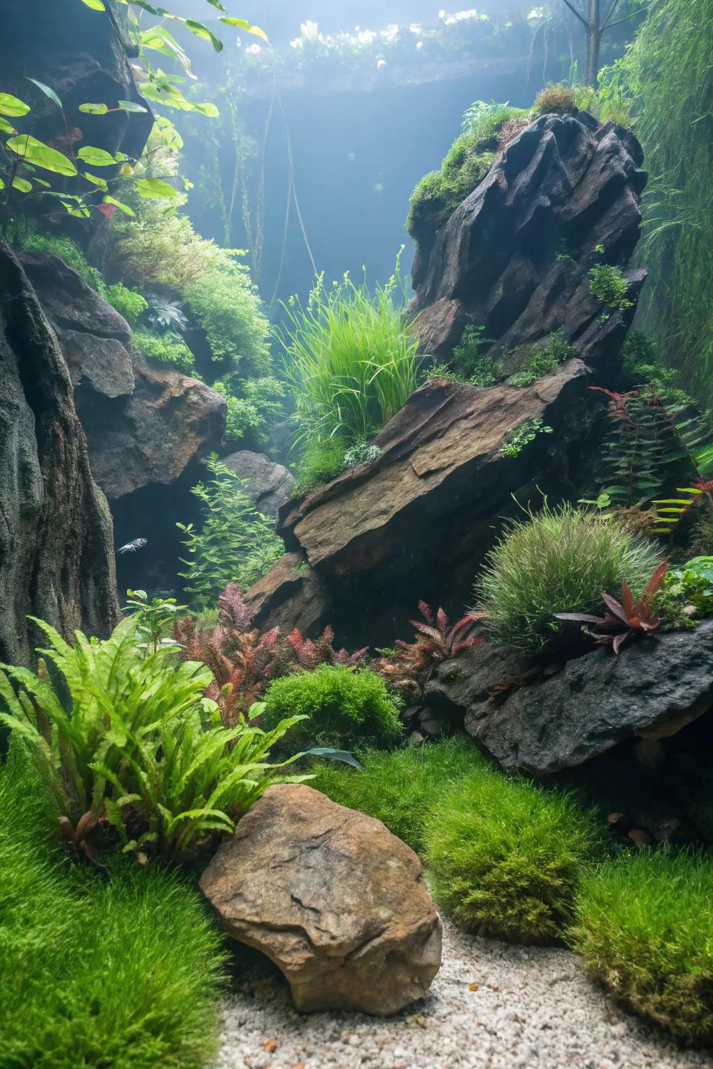 Create depth through textural layers within your aquascape.