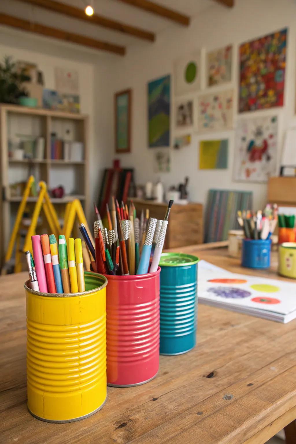 Upcycled tin cans add color and charm to your art storage.