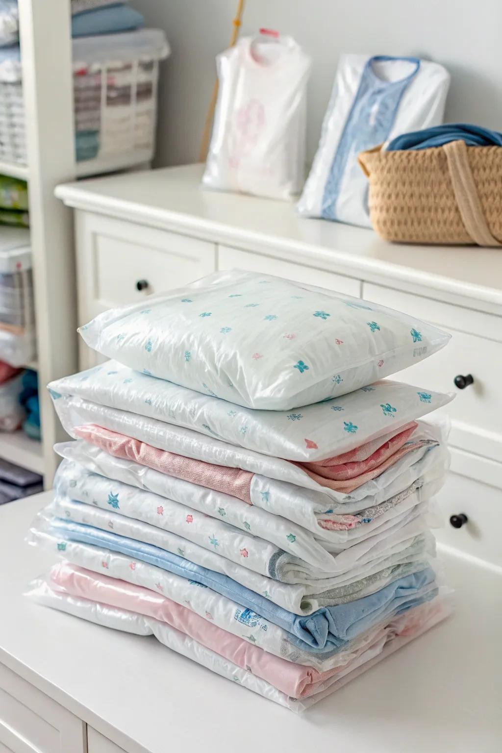 Compression sacks efficaciously preserve outgrown infant apparel.