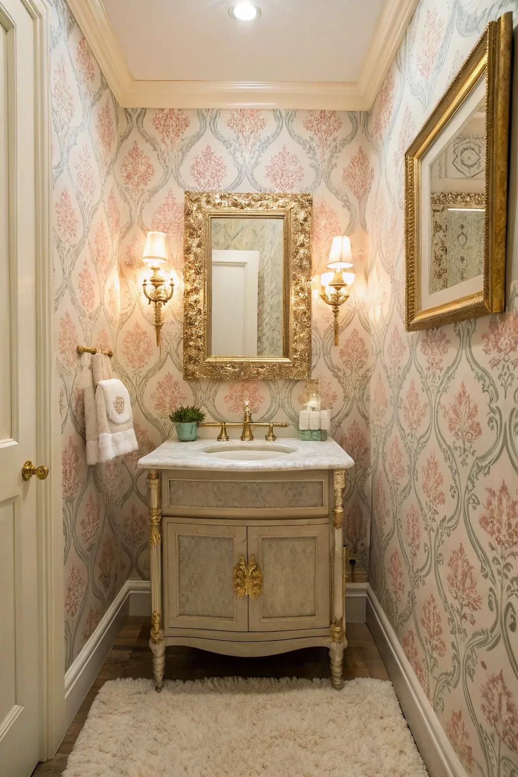 A powder room featuring period brocade wall coverings, introducing elegance and charm.