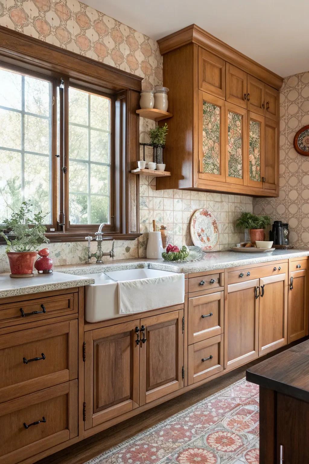 A backsplash inspired by vintage aesthetics infuses nostalgic charm into the kitchen.