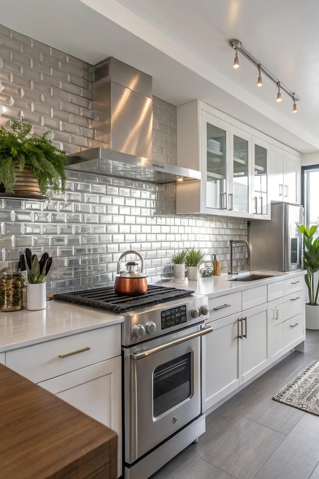 Metal tiles inject a sleek and glamorous edge into your cooking area.