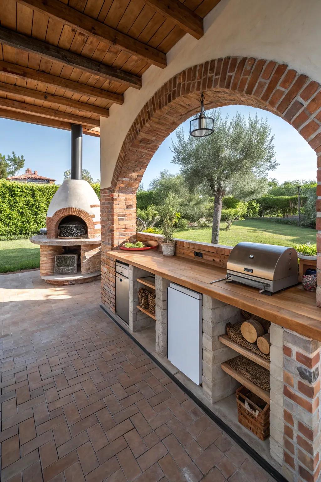 A brick arch featuring a pizza oven incorporates rustic charm into your kitchen.