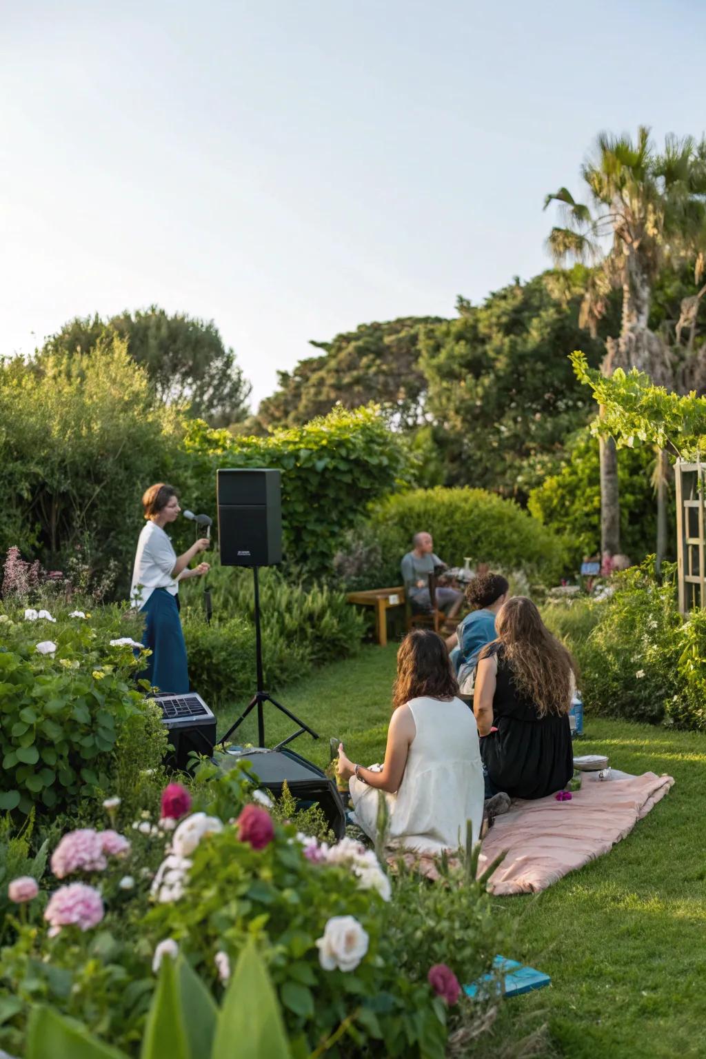 Atmospheric music enhances the mood of the garden celebration.