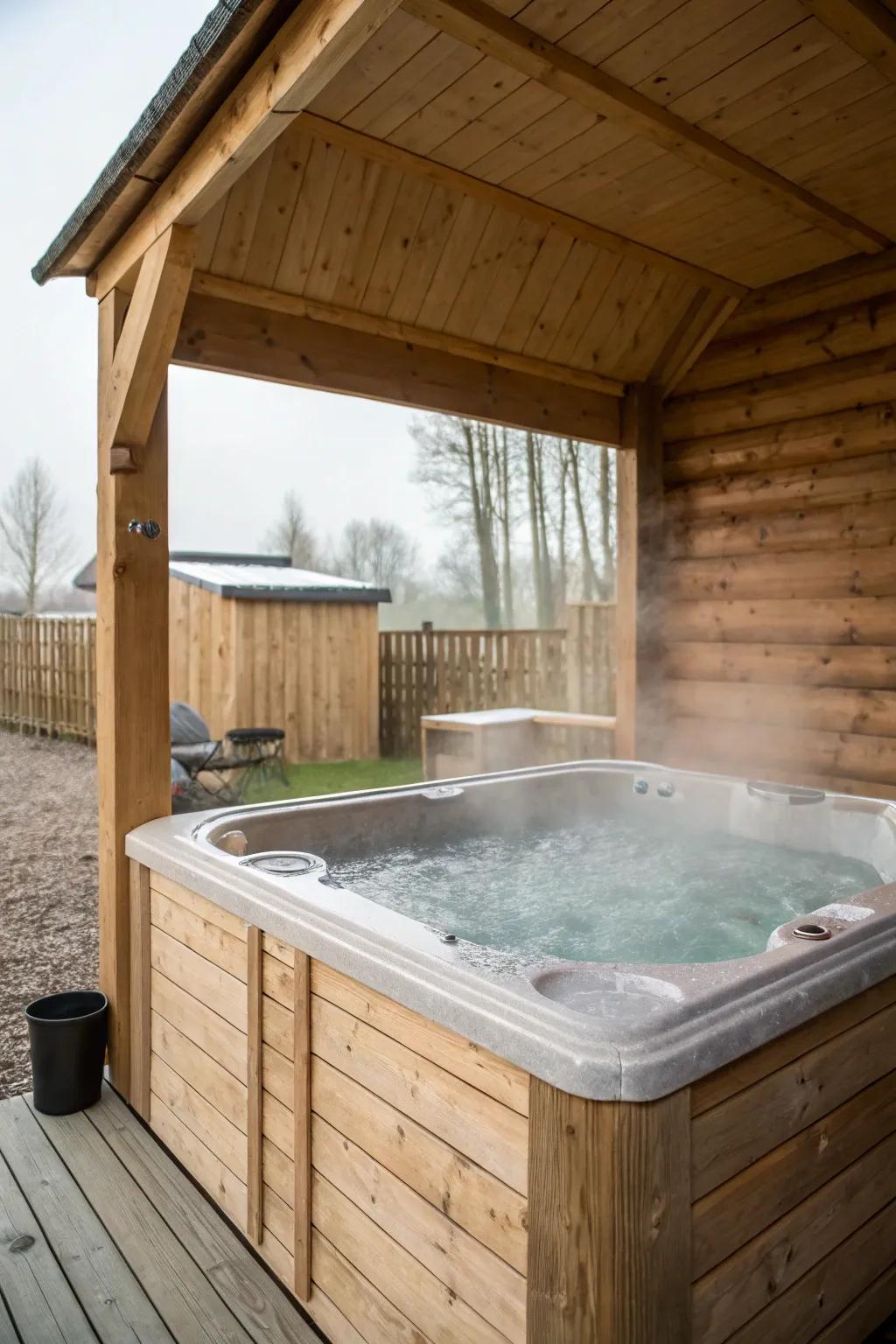 A rustic timber enclosure imparts a snug, cabin-inspired ambiance.