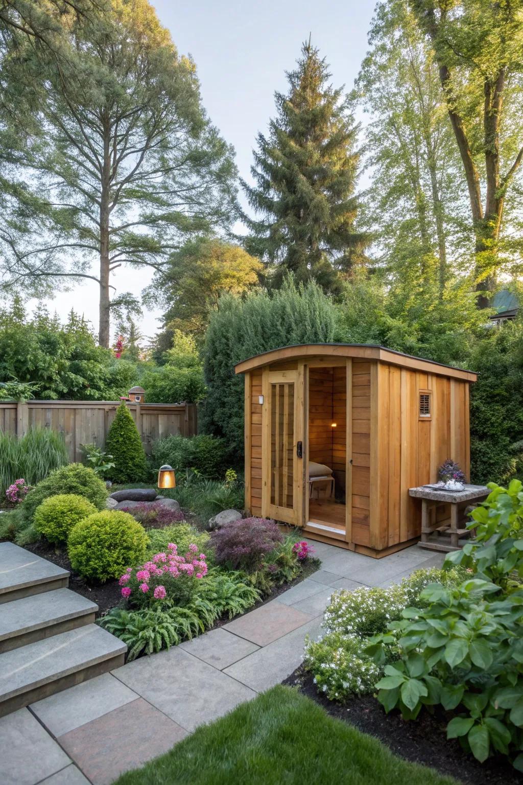 A backyard sauna fosters a luxurious escape geared towards relaxation and revitalization.