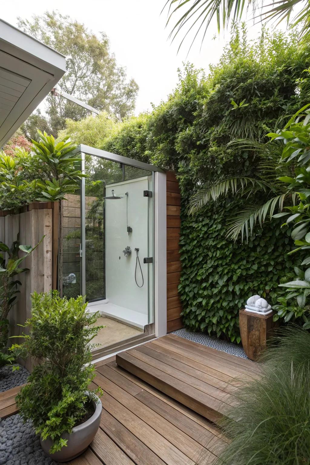 An outdoor shower provides an unexpected indulgence.