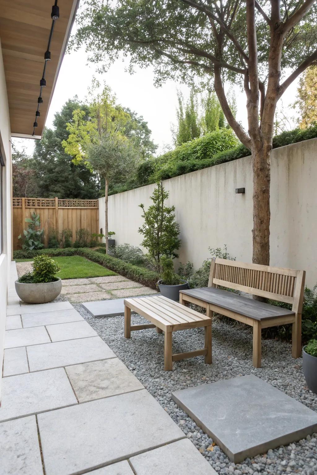 Stone and gravel create a minimalist, elegant aesthetic.