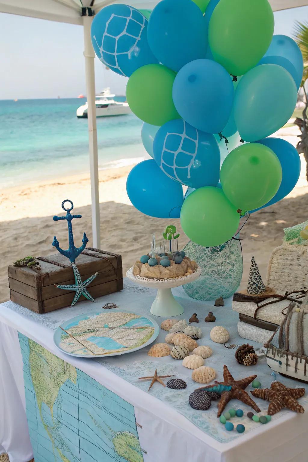 Subaqueous theme achieved with shades of blue and green balloons.