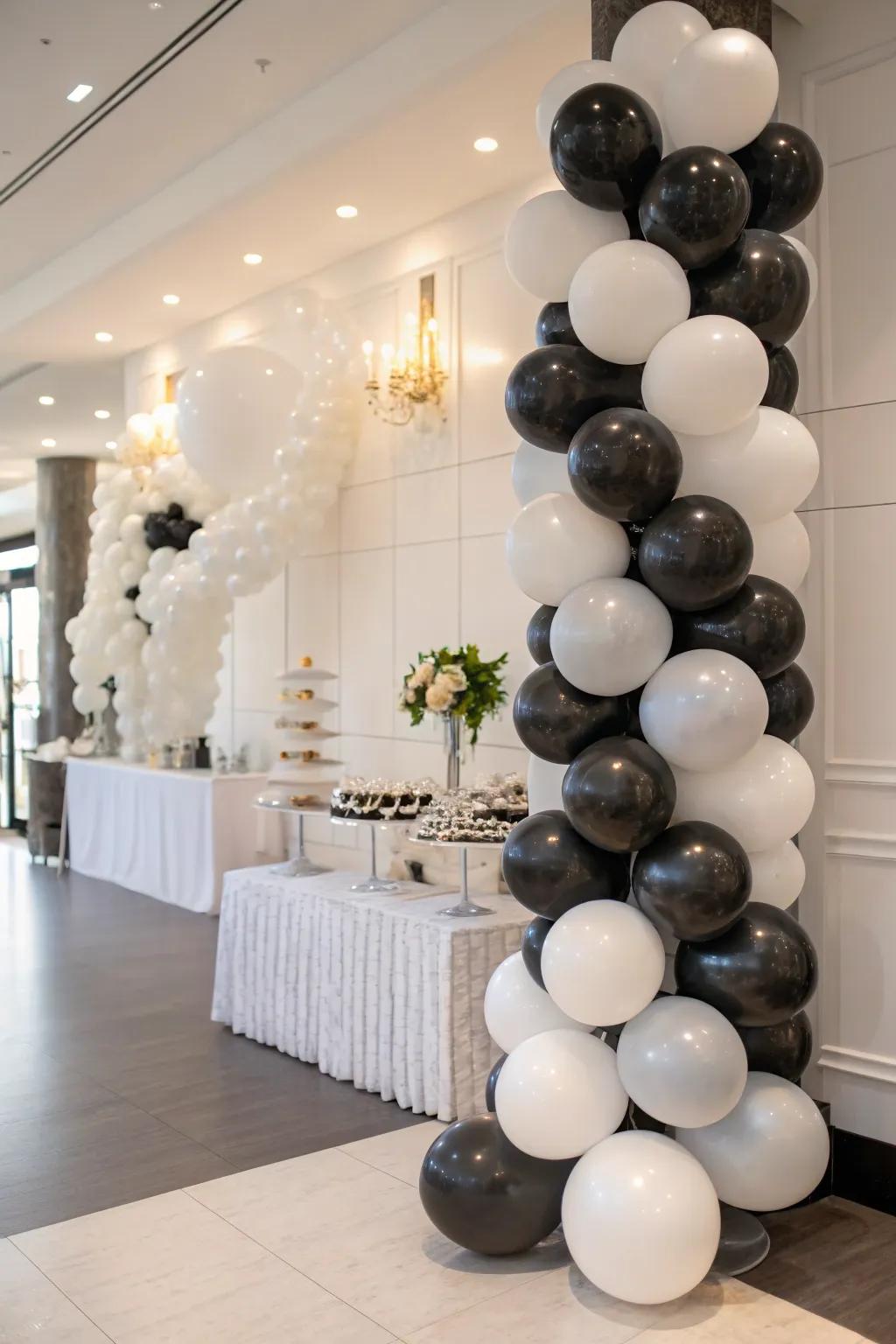 A monochrome balloon display offers a sleek, modern aesthetic.