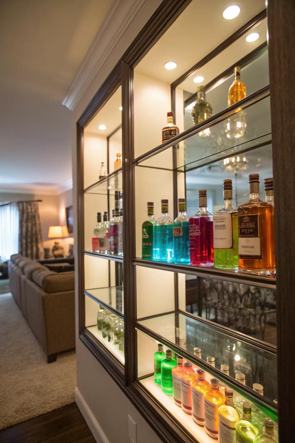 Mirrored shelves enhance light and space.