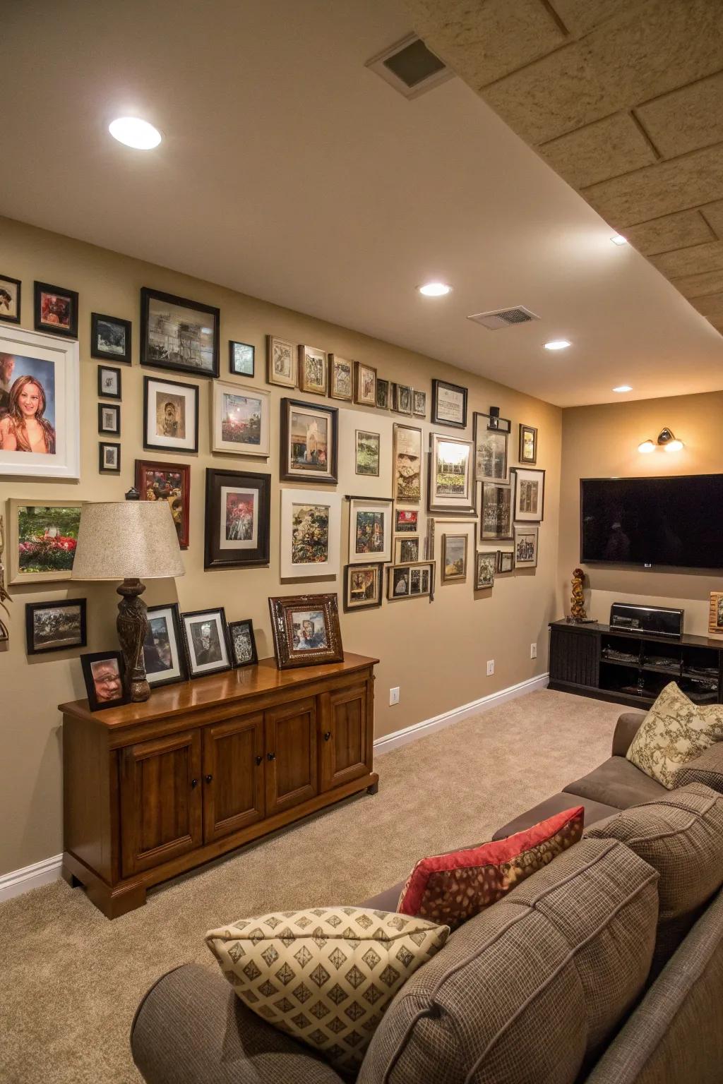 Family portraits personalize and warm up this basement refuge.