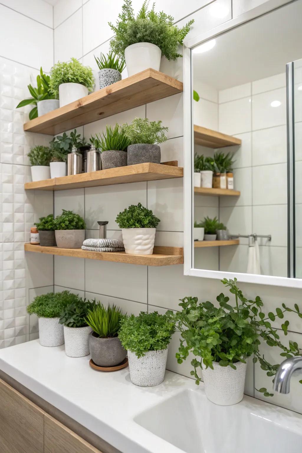 Small potted flora bestowing a fresh hint to bathroom shelving.