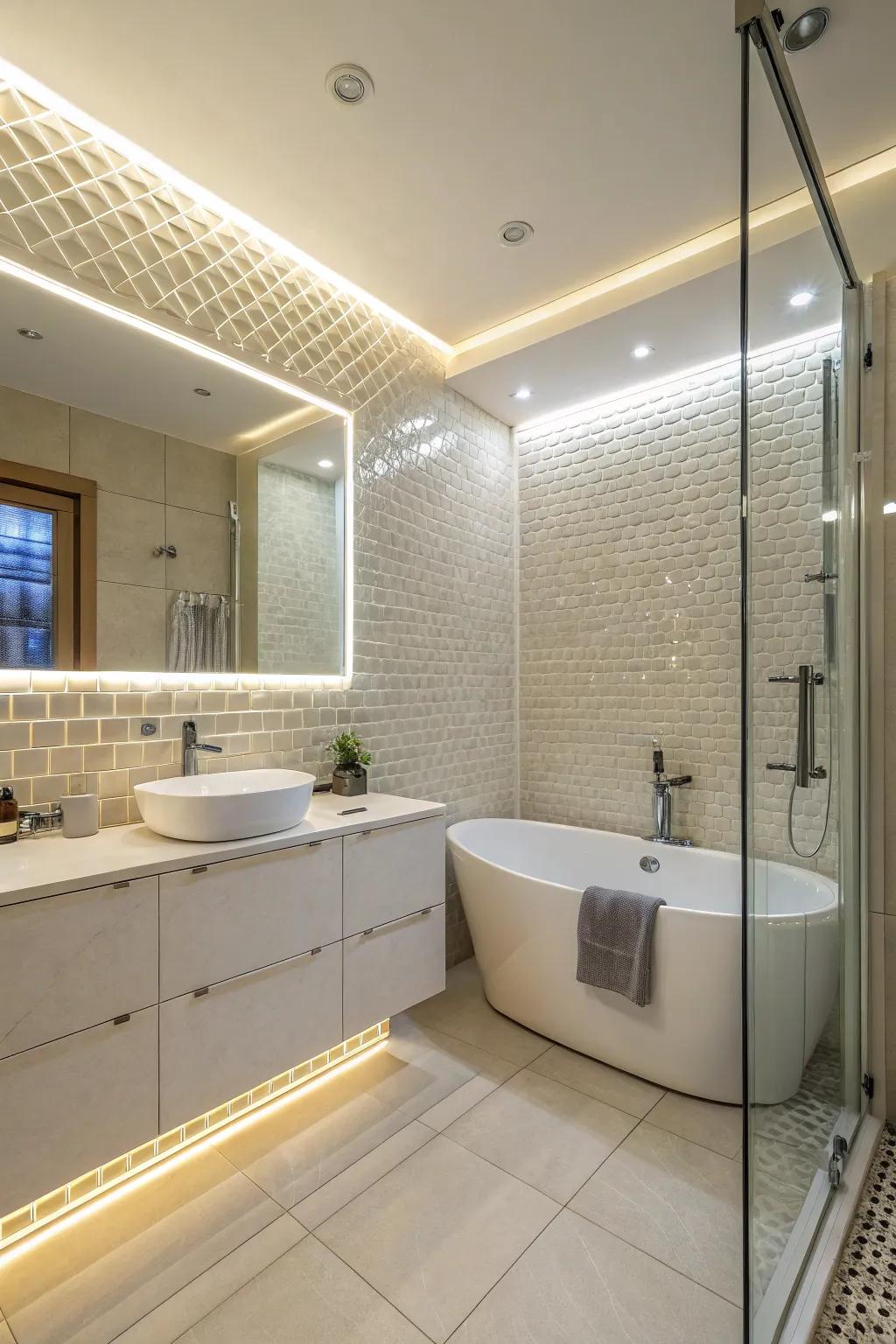 Luminescence-reflecting edgings illuminate and expand washroom expanses.