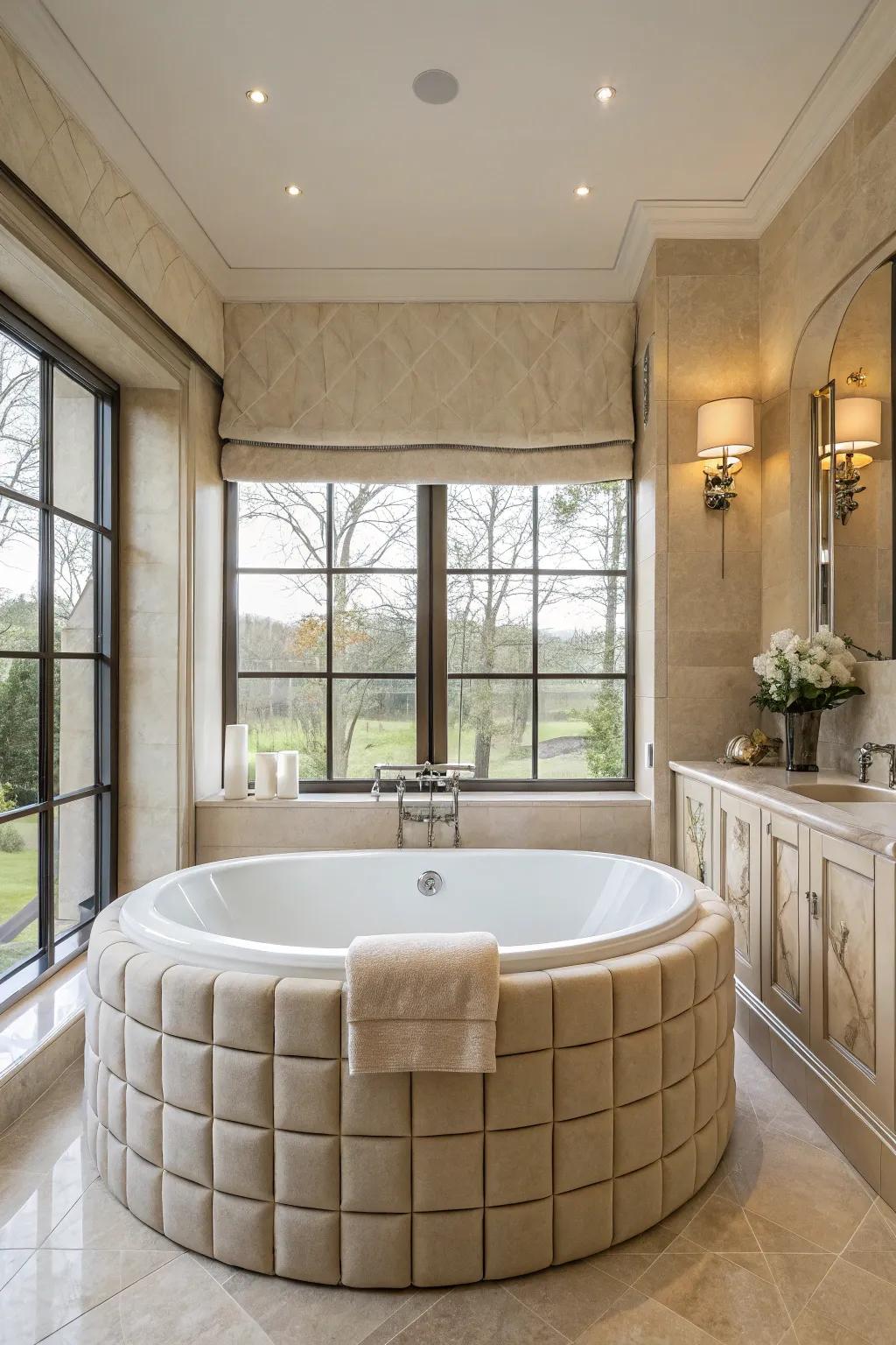 Add a layer of comfort with a delicate upholstered bathtub accent.