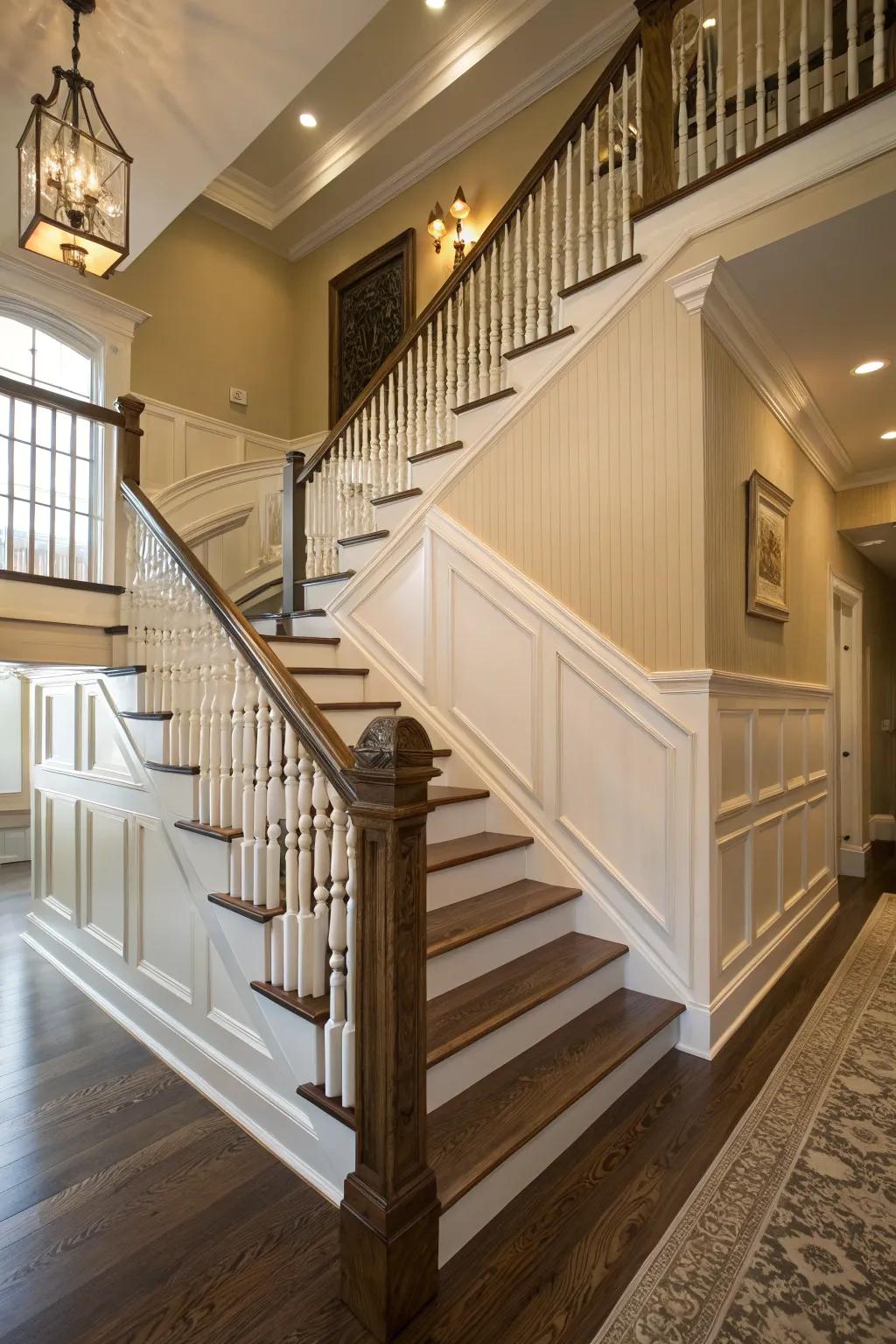 A fashionable staircase with paneling trim.