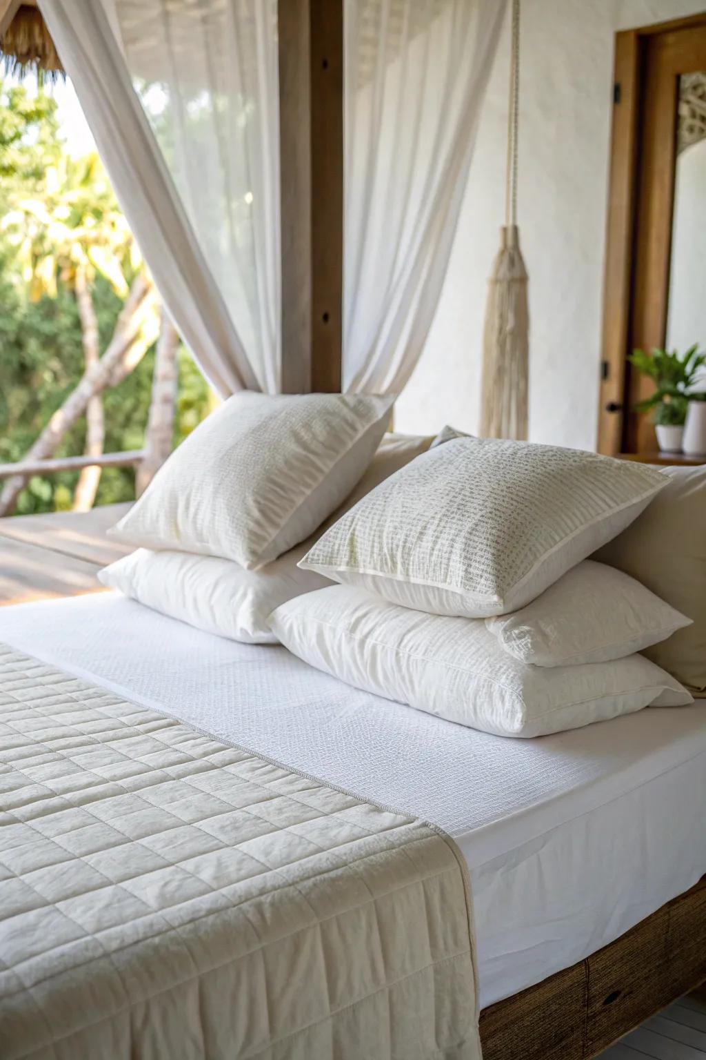 Realize serenity through unadorned and placid cushion arrangements.