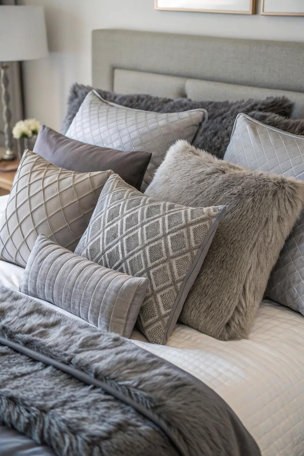 Grey pillows infusing dimension and solace.