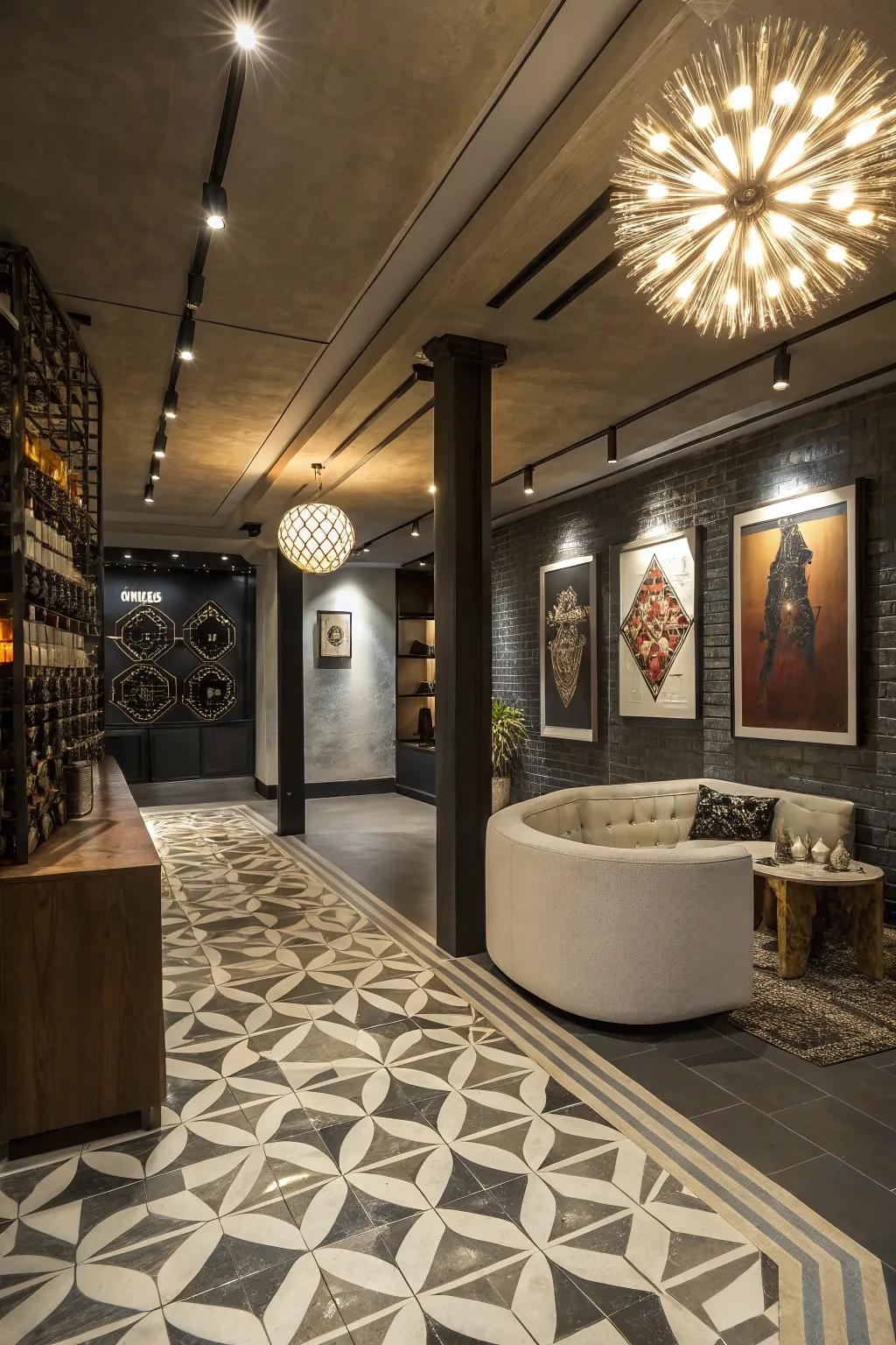 Angular stoneware enriches basements with striking designs and visual appeal.