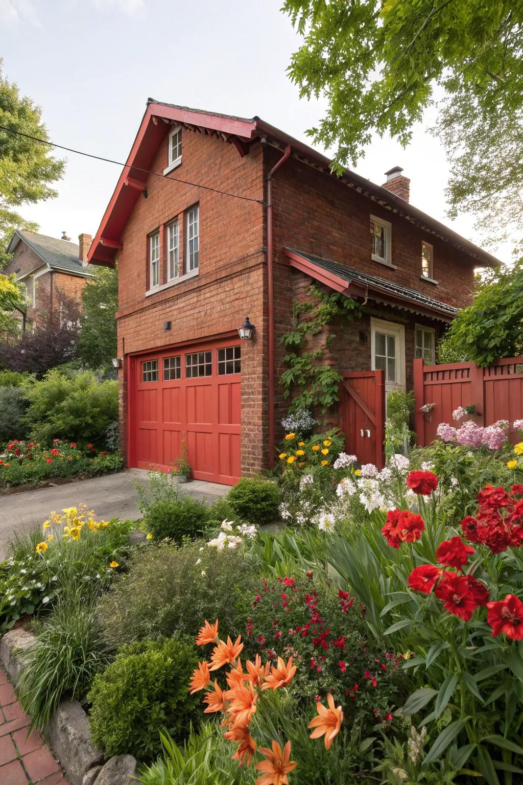 Scarlet garage doors make a daring statement on red brick homes.