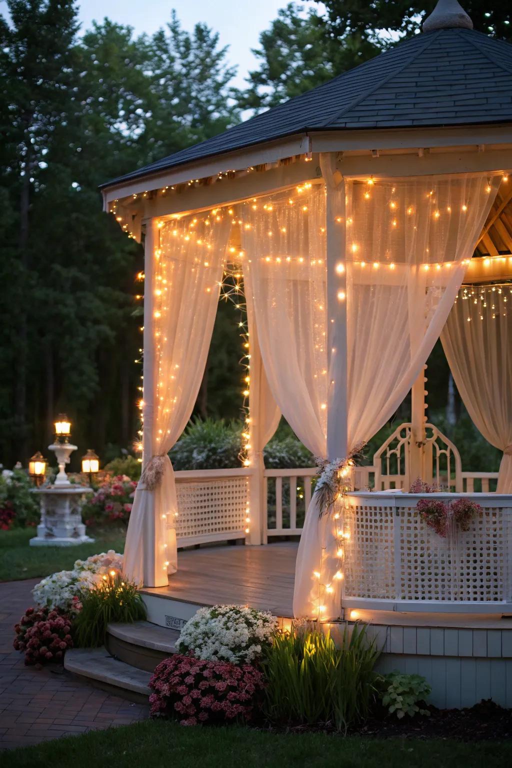 Curtain lights append grace and glamour to any gazebo.