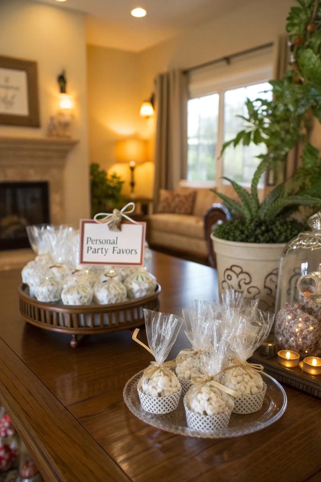 Elegantly presented party presents that are personalized.