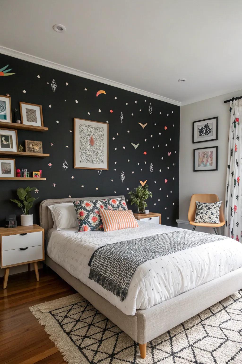 Patterns infuse an element of dynamism alongside a black accent wall.