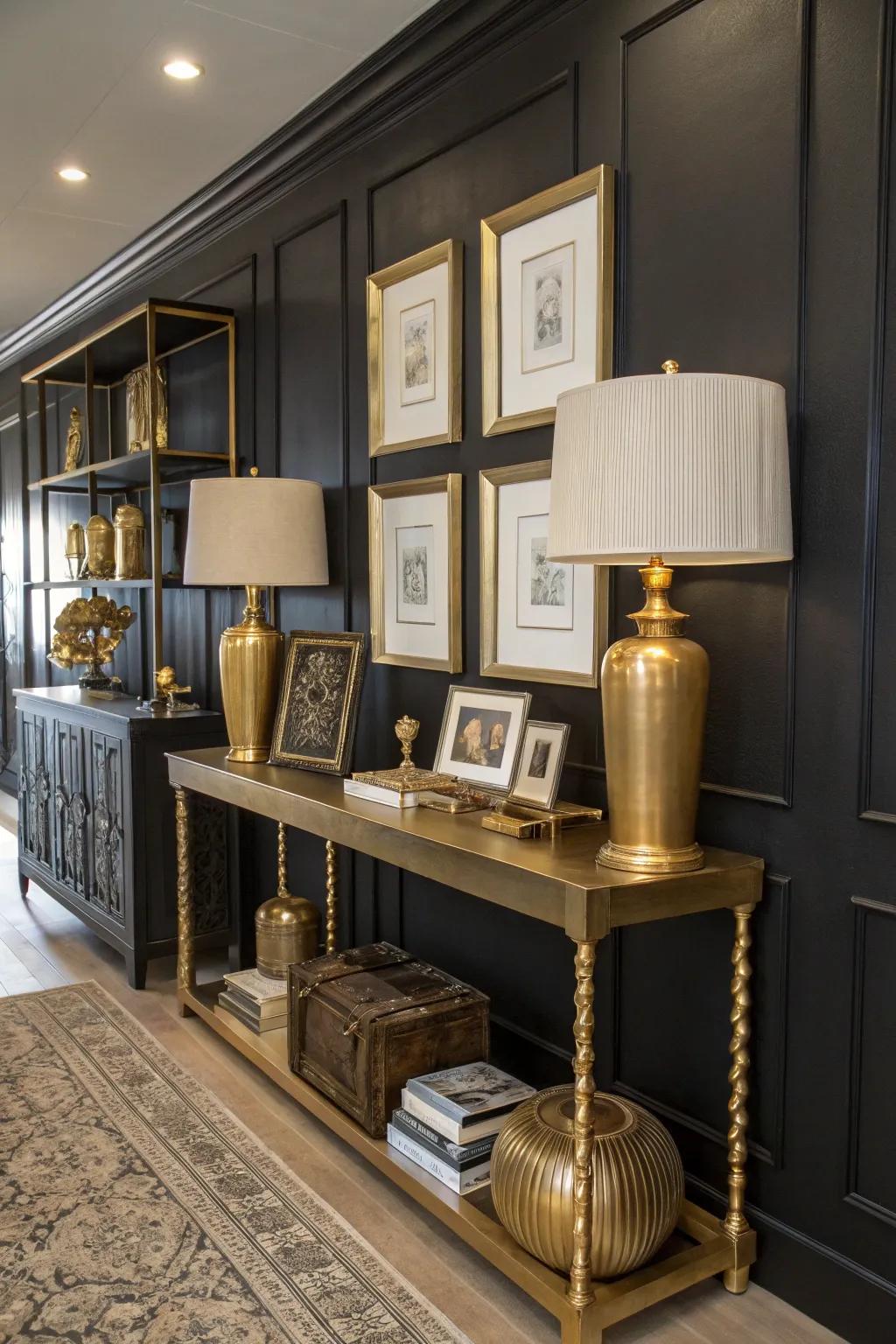 A room where an ebony accent wall is enhanced by bronze decor elements for a hint of glam.