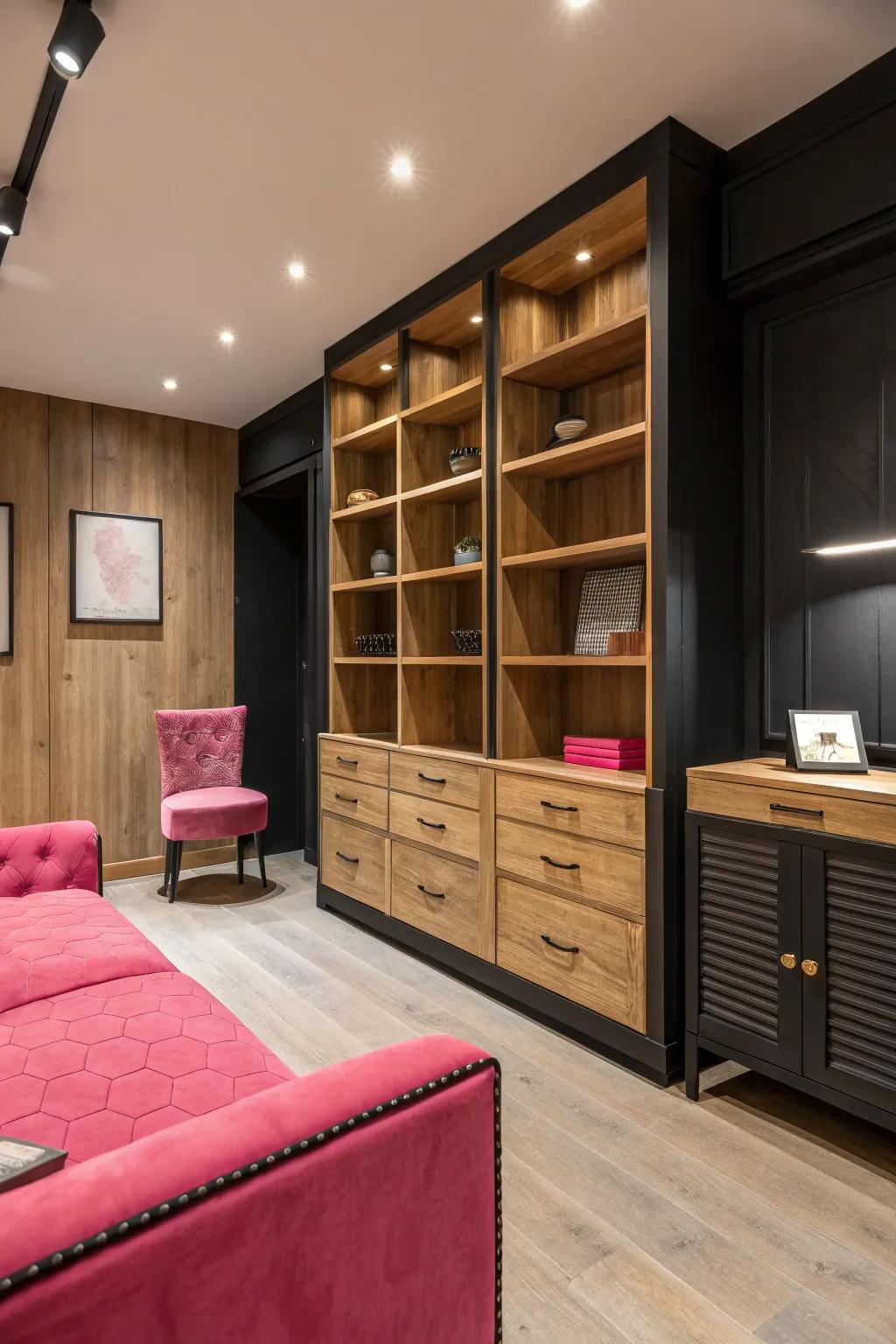 Natural components like wood add warmth and balance to the design.