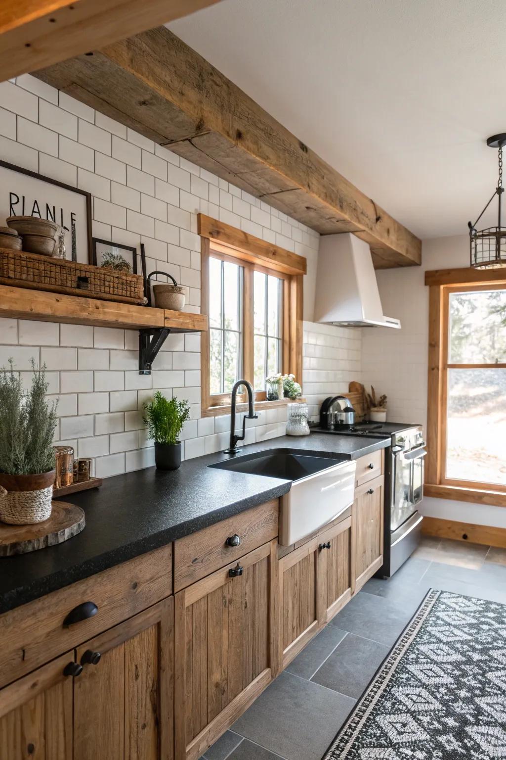 Contemporary agrarian charm with ebony countertops.