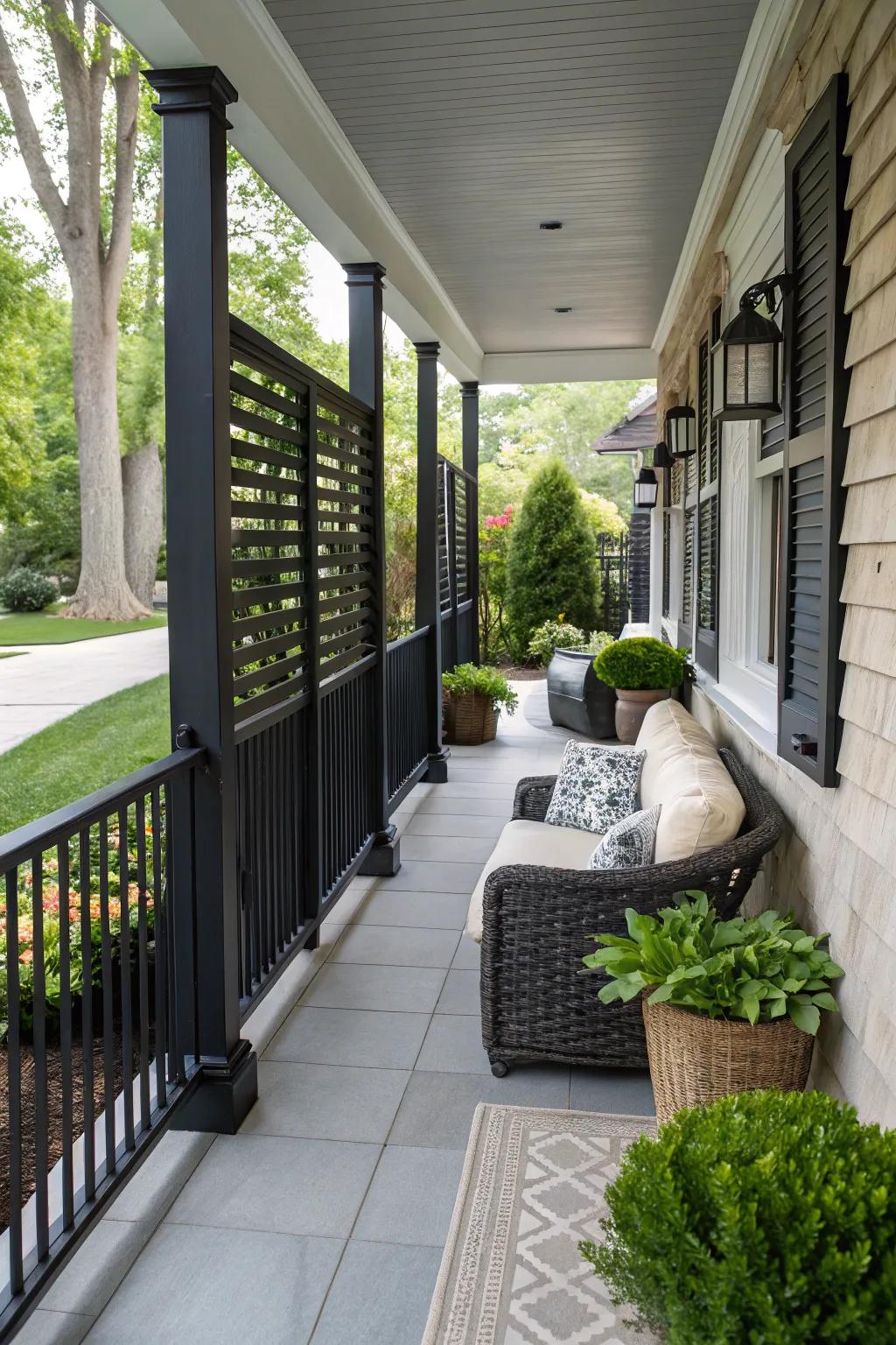 Privacy screens integrate effortlessly with stylish veranda railings.