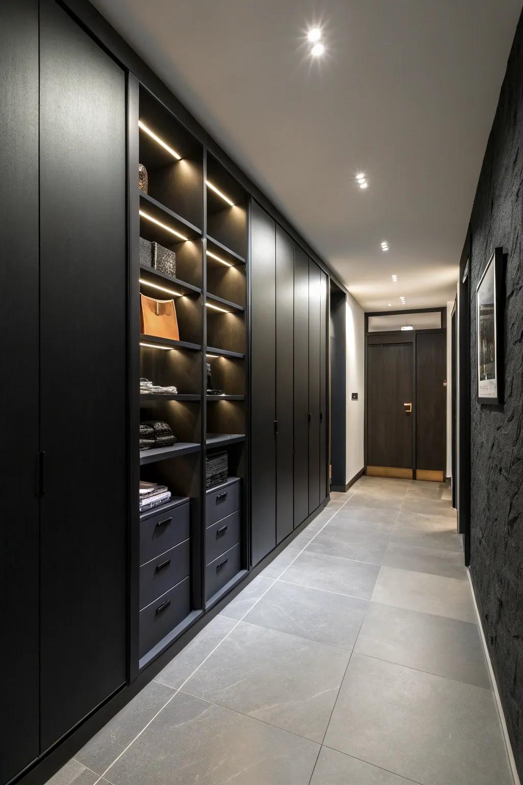 Covert storage sustains a black hallway as functional and uncluttered.