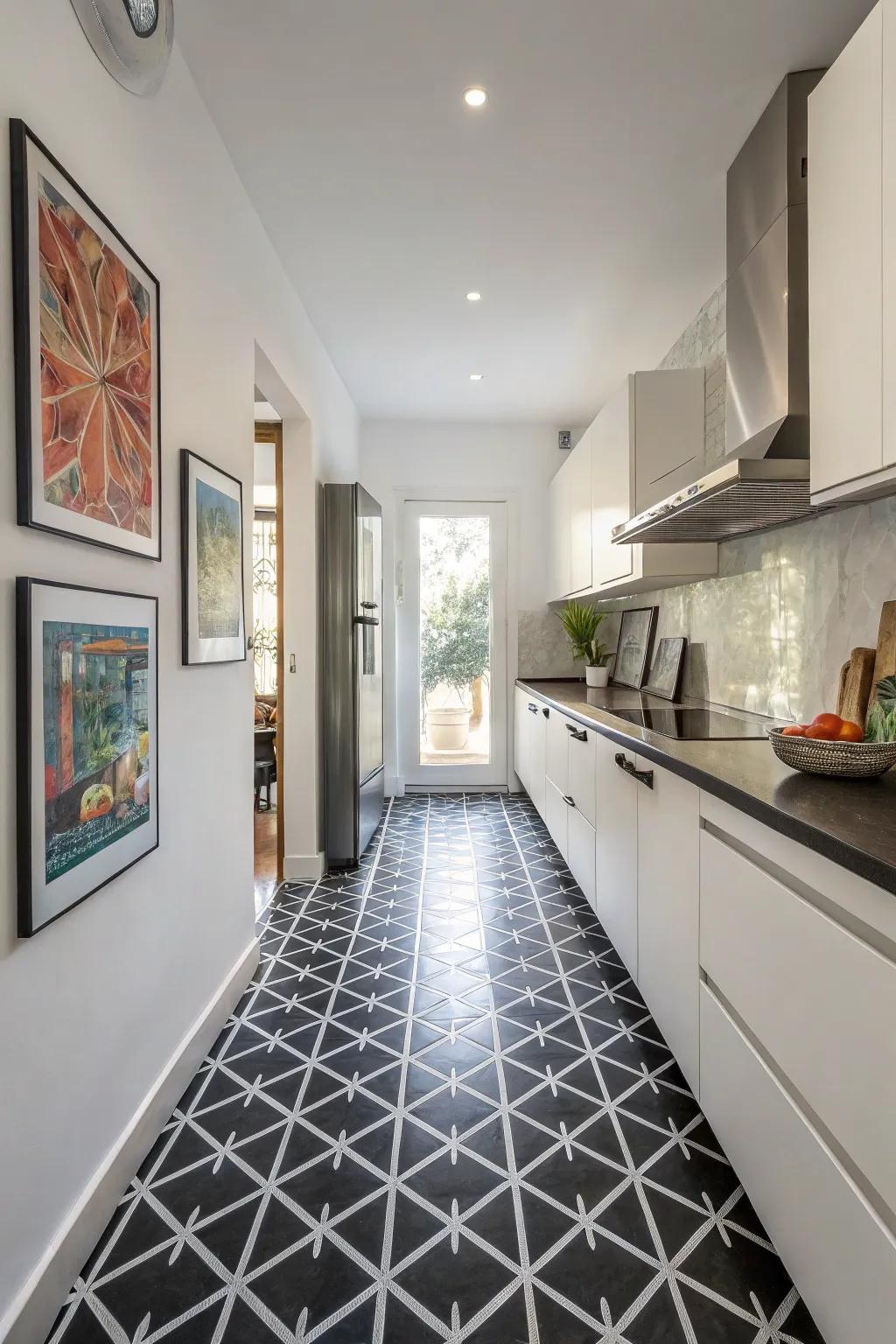 A kitchen featuring artful geometric designs on dark floor tiles.
