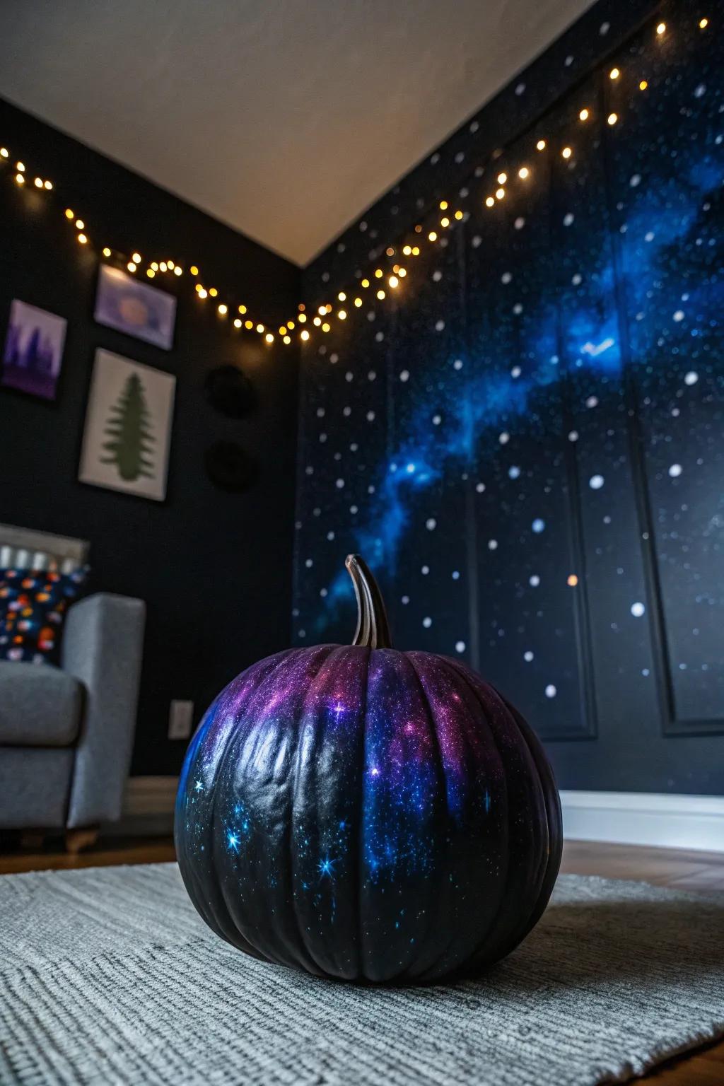 A dark-hued pumpkin with a cosmos design, enthralling with its cosmic allure.