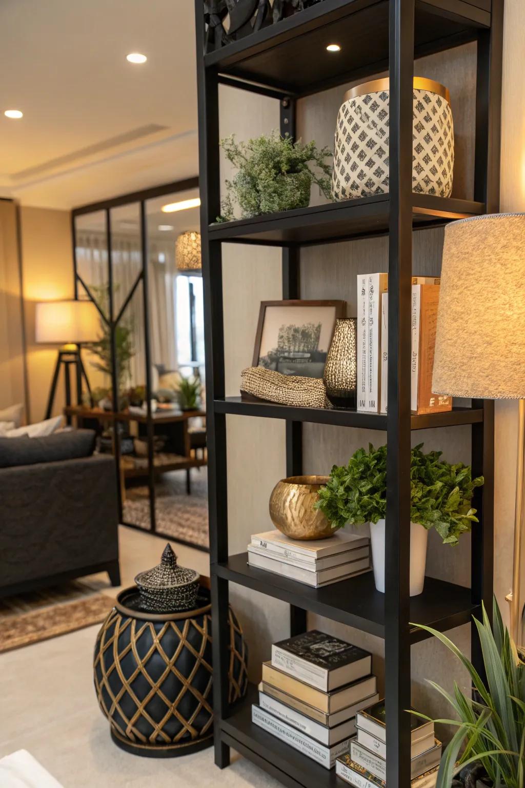 Chroma-aligned décor establishing a harmonious aesthetic on a black shelf.