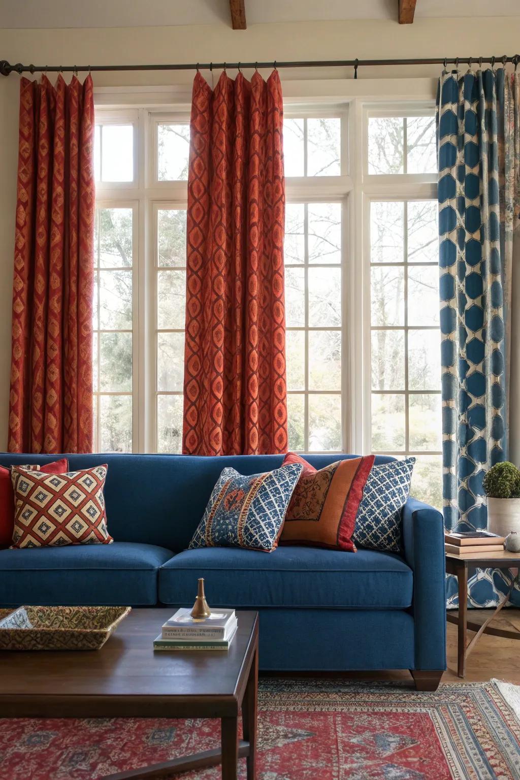The living room is given a fashionable touch by striking window coverings.