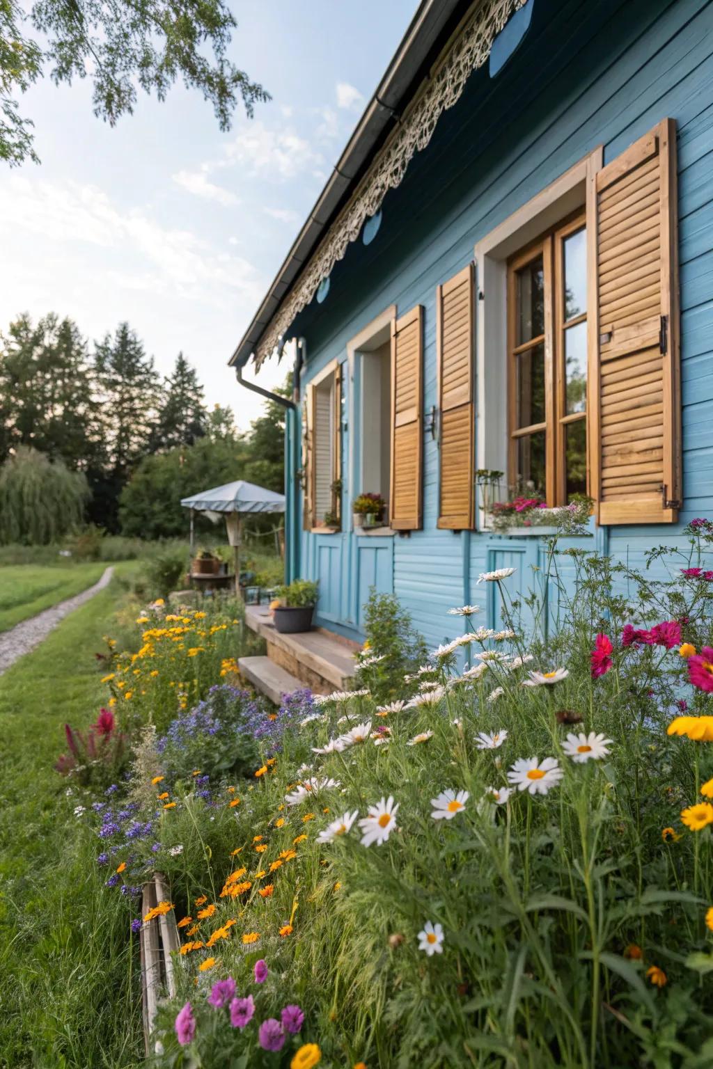 Timber closures enhance the countryside charm of blue homes.