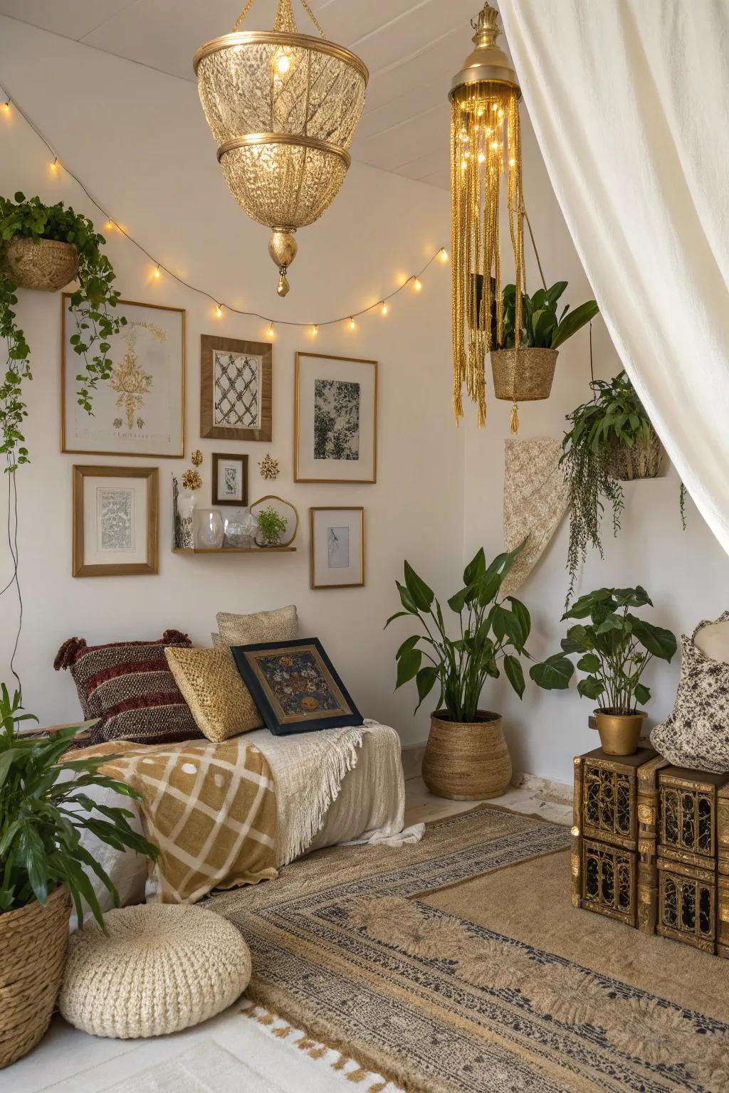 Gold accents contribute a sophisticated nuance to bohemian decor.