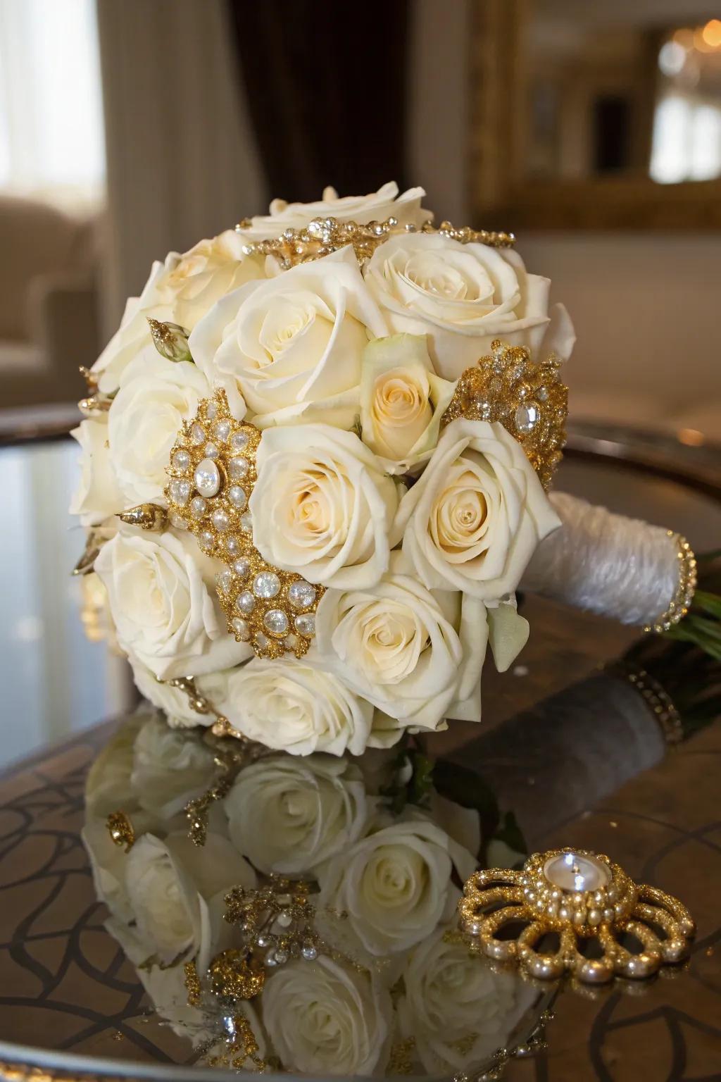 A luxurious bouquet with shimmering gilded details.