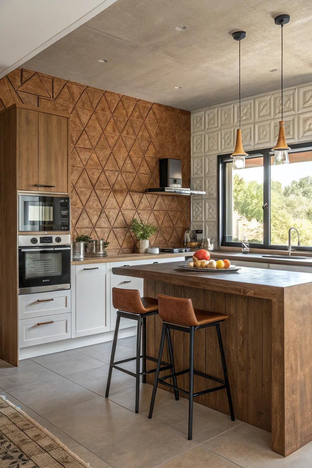 Textured wall paneling in brown furnishes an elegant kitchen backdrop.
