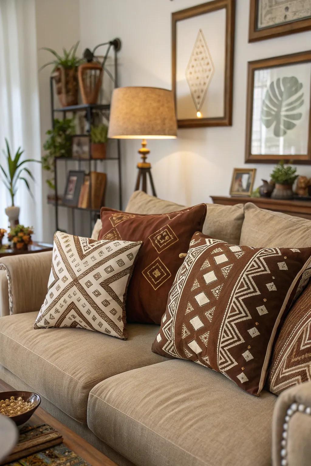 Patterns in brown tones give vigor and interest to the design.