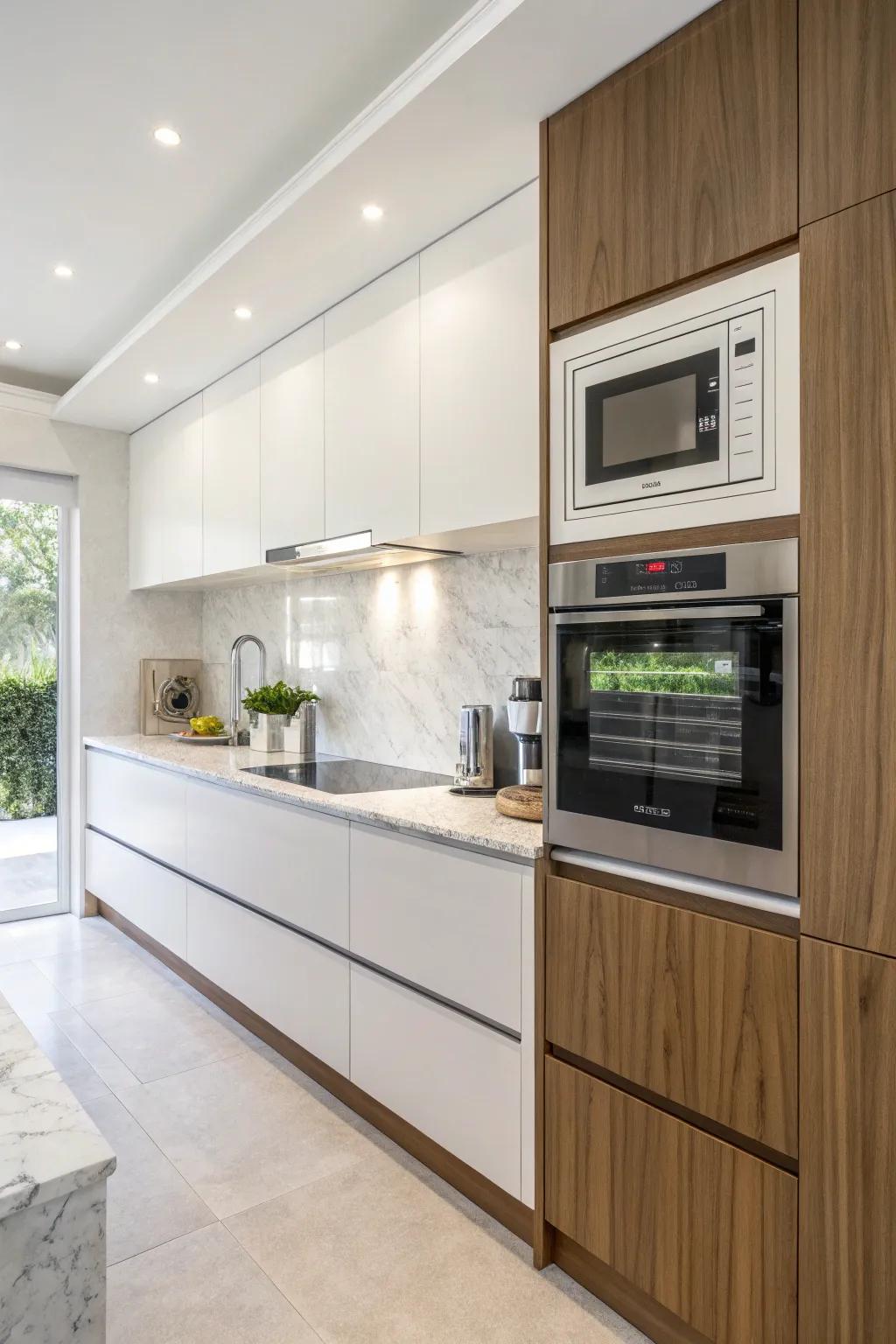 Contemporary cooking space featuring a microwave inset within the wall.