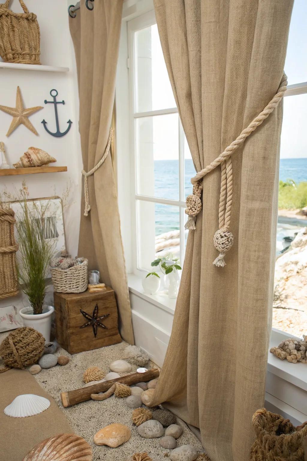 Coastal vibes with seafaring elements on burlap drapes.