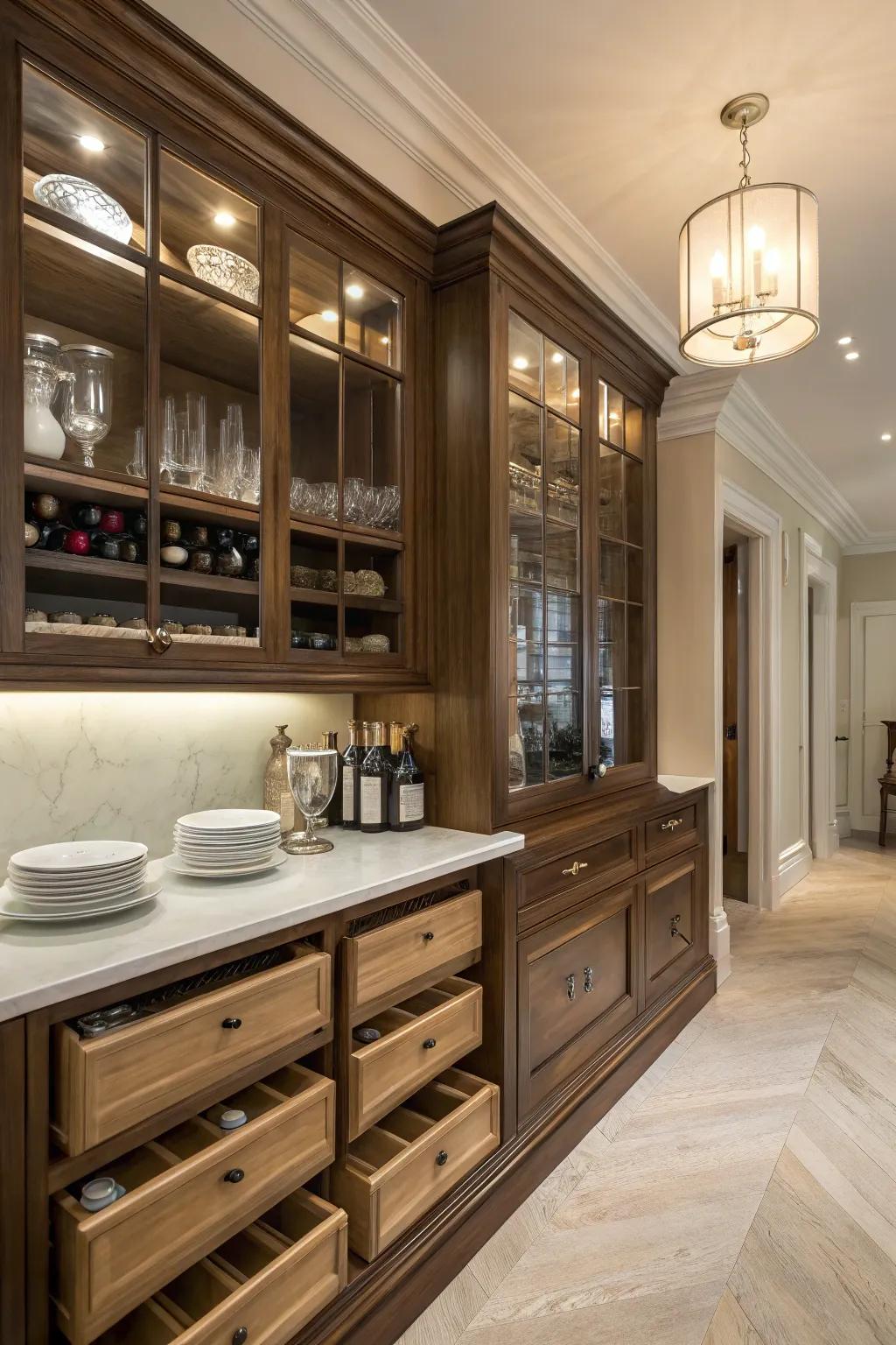 Concealed storage sustains the tidiness and organization of the pantry.
