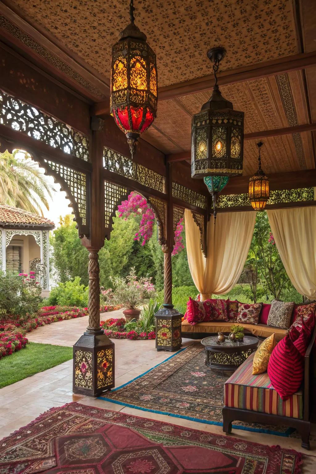 An energetic Exotic cabana with elaborate patterns and decoration.